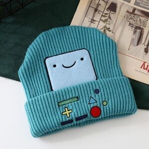 Teal Knit Beanie with Cute Face gamer Design